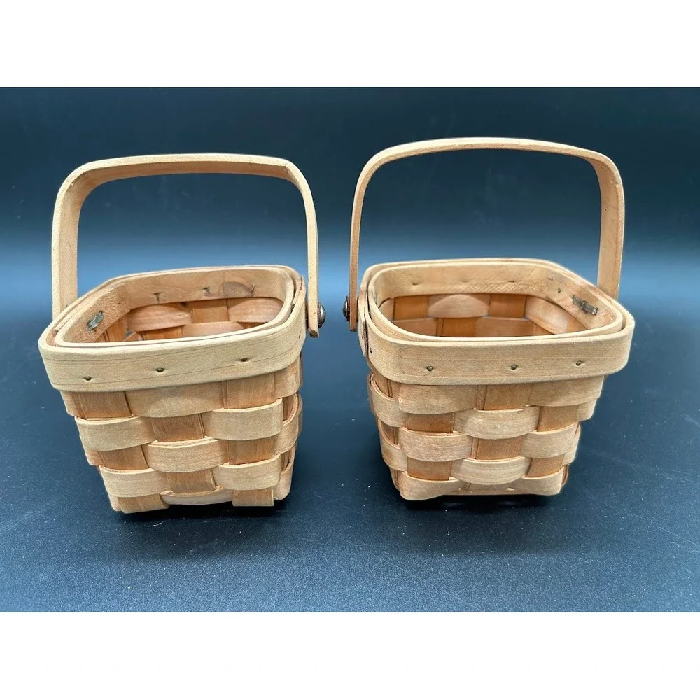 Set‎ of 2 Miniature Woven Wood Baskets with Handles Square Small Rustic Decor